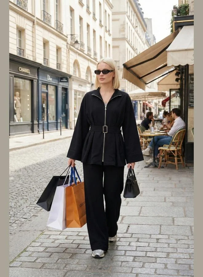 ليلا طقم نسائي ليلا بقصة عادية مع حزام وسحاب، أرجل واسعة، طقم